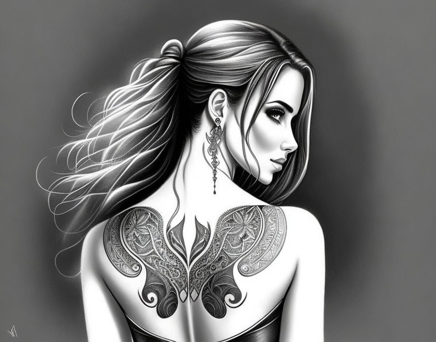 Monochrome illustration of woman with butterfly tattoo gazing over shoulder