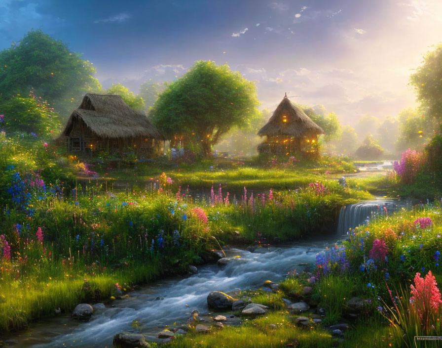 Thatched cottages by stream with waterfall and wildflowers