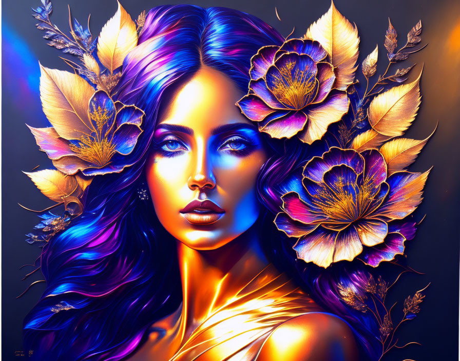 Colorful digital artwork: Woman with blue hair among golden and purple flowers