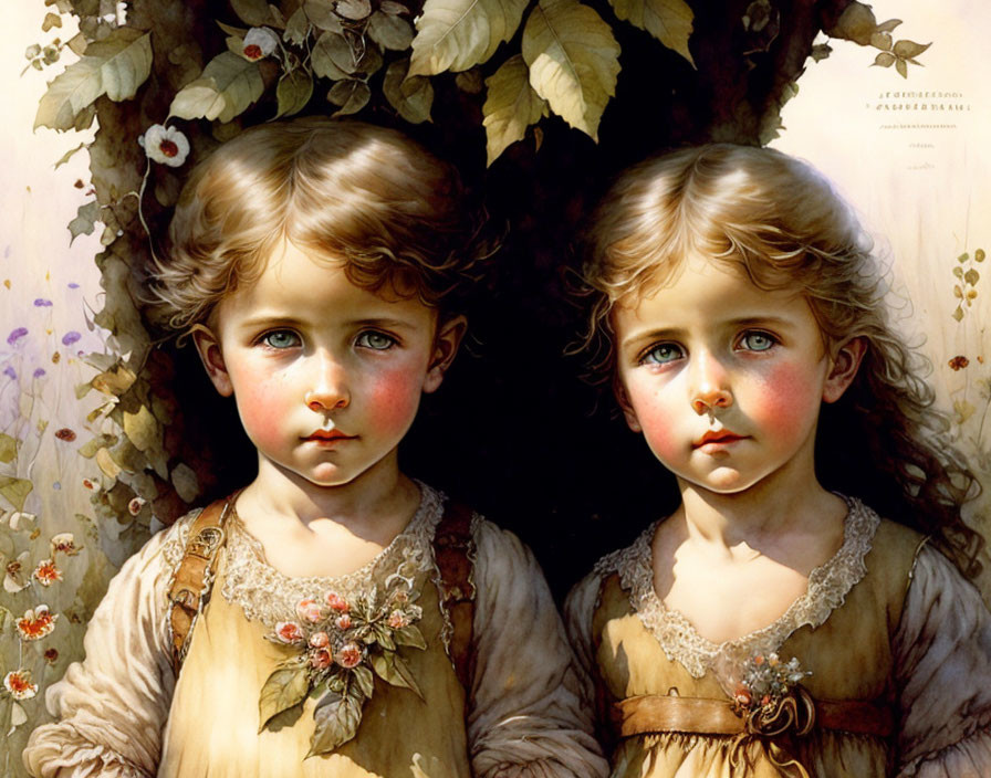 Vintage painting of two children with rosy cheeks and curly hair framed by floral vines