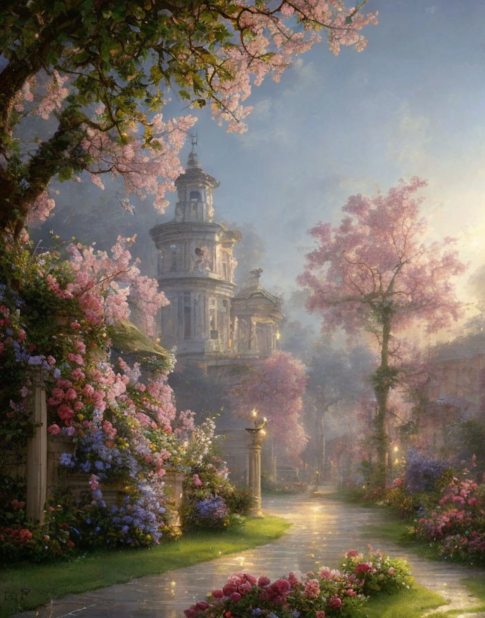 Romantic painting of serene pathway with blooming pink flowers and classical building