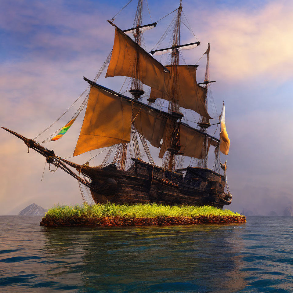 Old sailing ship with tattered sails on grass patch in calm sea at dawn/dusk