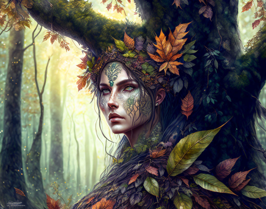 Person with leafy adornments in mystical forest setting