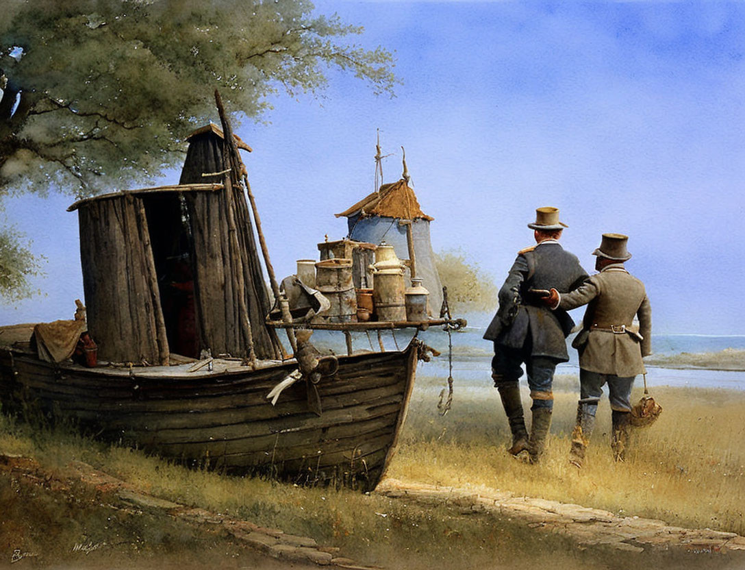 Two men in top hats inspect wooden boat by tree on shore