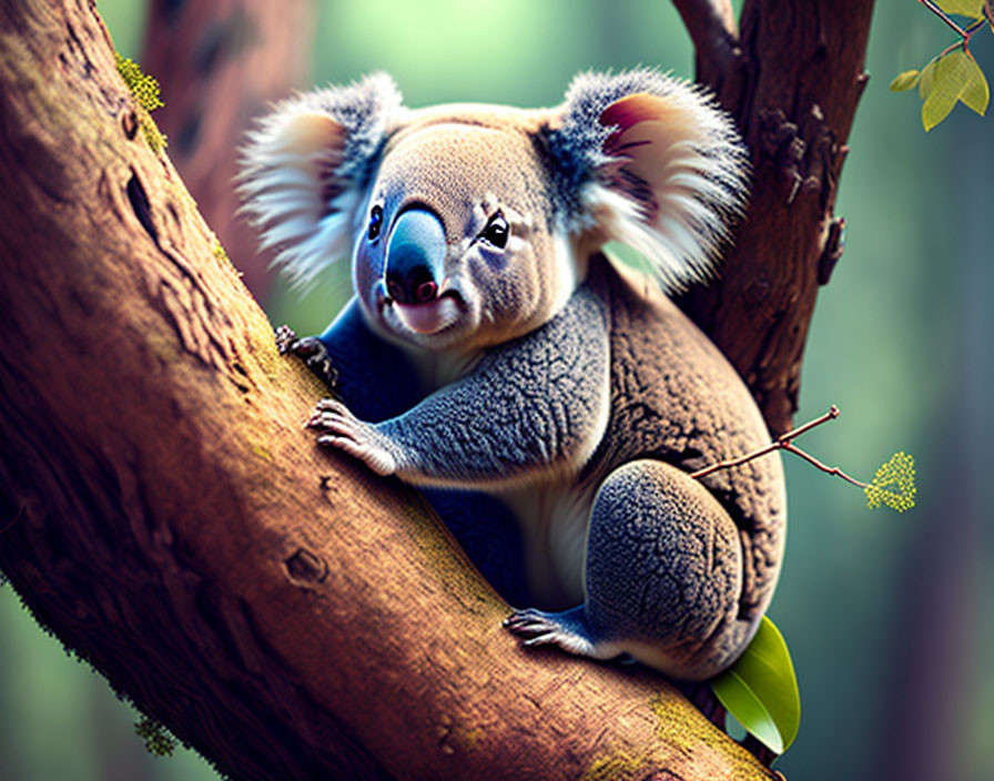 Fluffy koala perched on tree branch in forest landscape