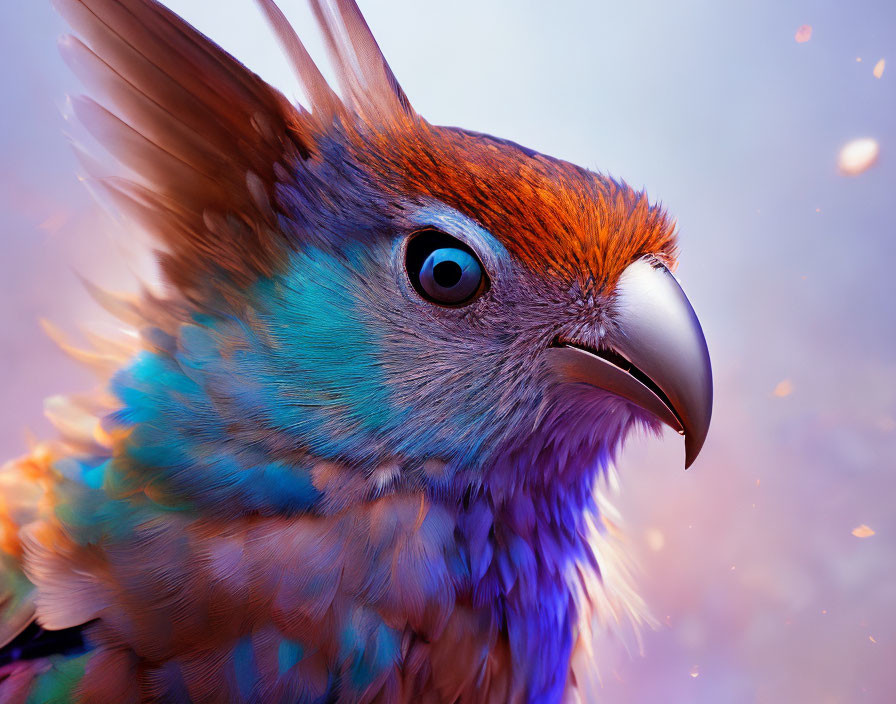 Colorful Fantastical Bird Close-Up with Teal Feathers and Orange Head