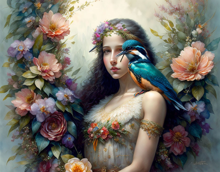 Woman in serene pose with lush flowers and blue bird.