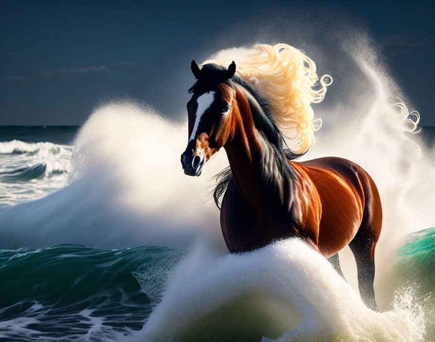 Majestic brown horse with blonde mane emerges from ocean waves