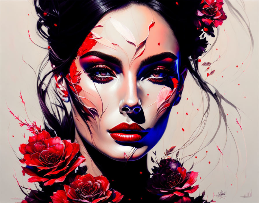 Colorful portrait of woman with red flowers and splashes blending into face