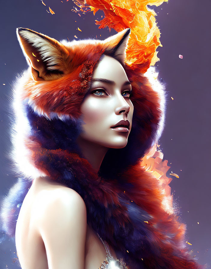 Digital Artwork: Woman with Fox Features and Fiery Mane