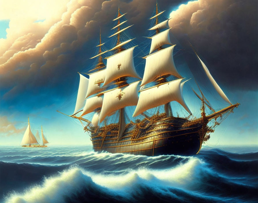 Tall Ship with Full Sails on Rolling Ocean Waves