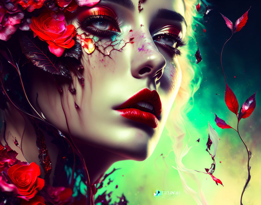 Colorful digital artwork: Woman with floral adornments and swirling red leaves