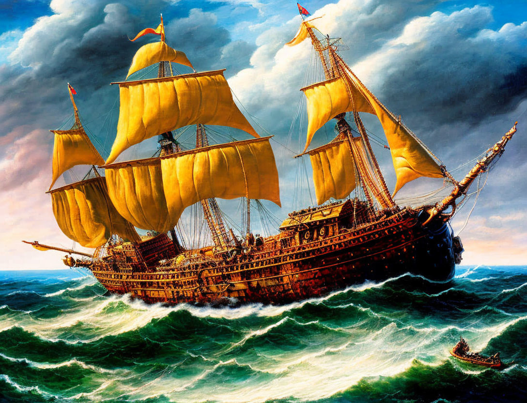 Majestic sailing ship in turbulent seas with rowboat