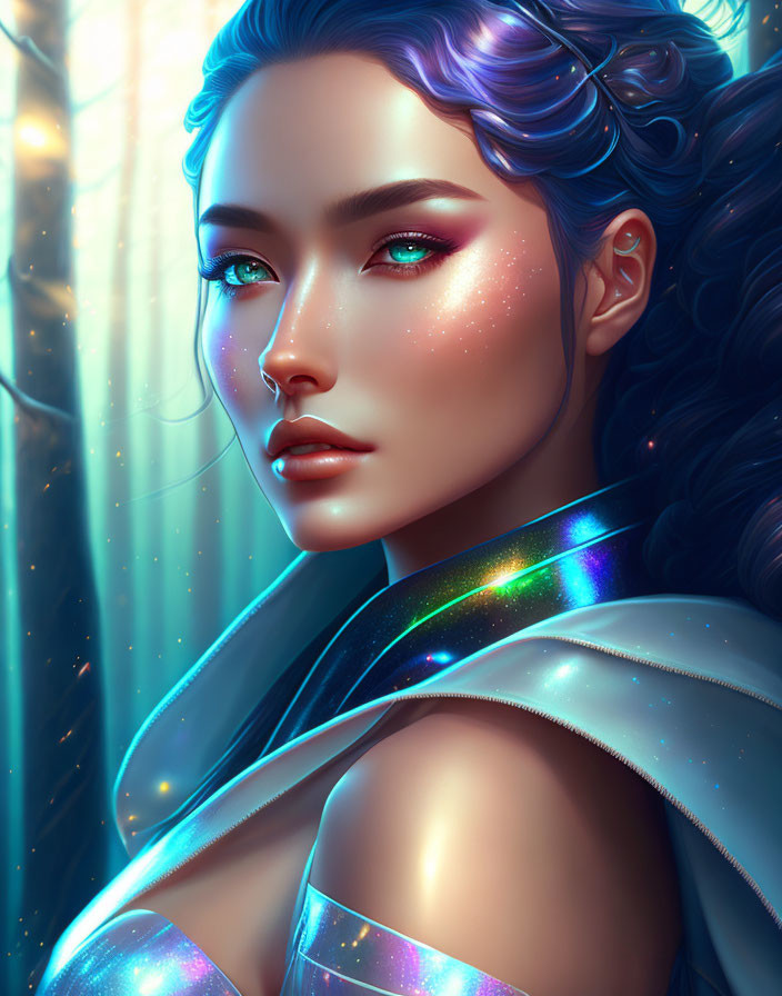 Digital artwork: Woman with blue skin, holographic outfit, in glowing forest.