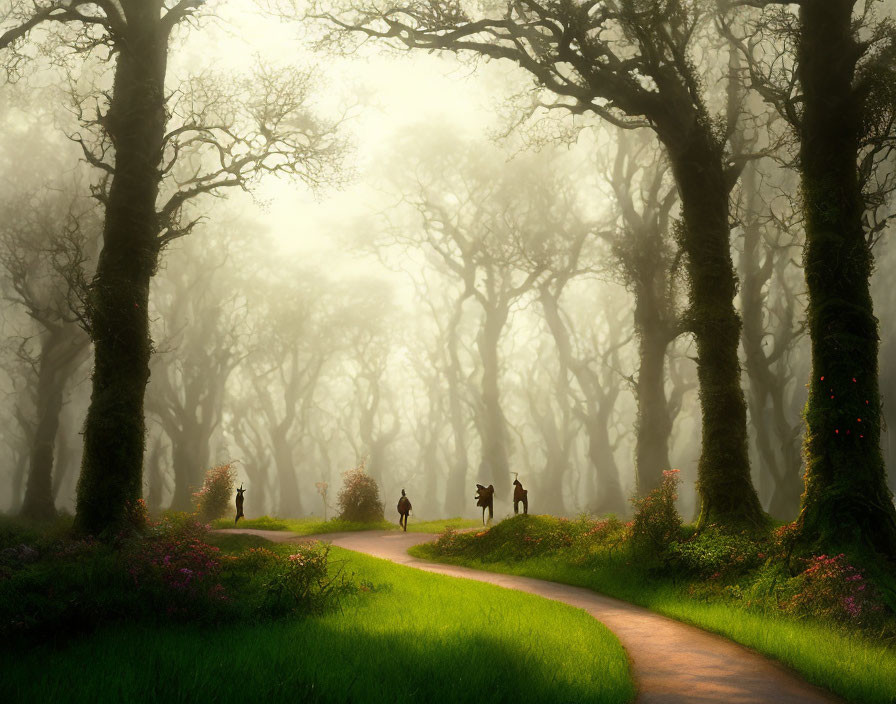 Tranquil forest path with mist, towering trees, pink flowers, and silhouetted figures