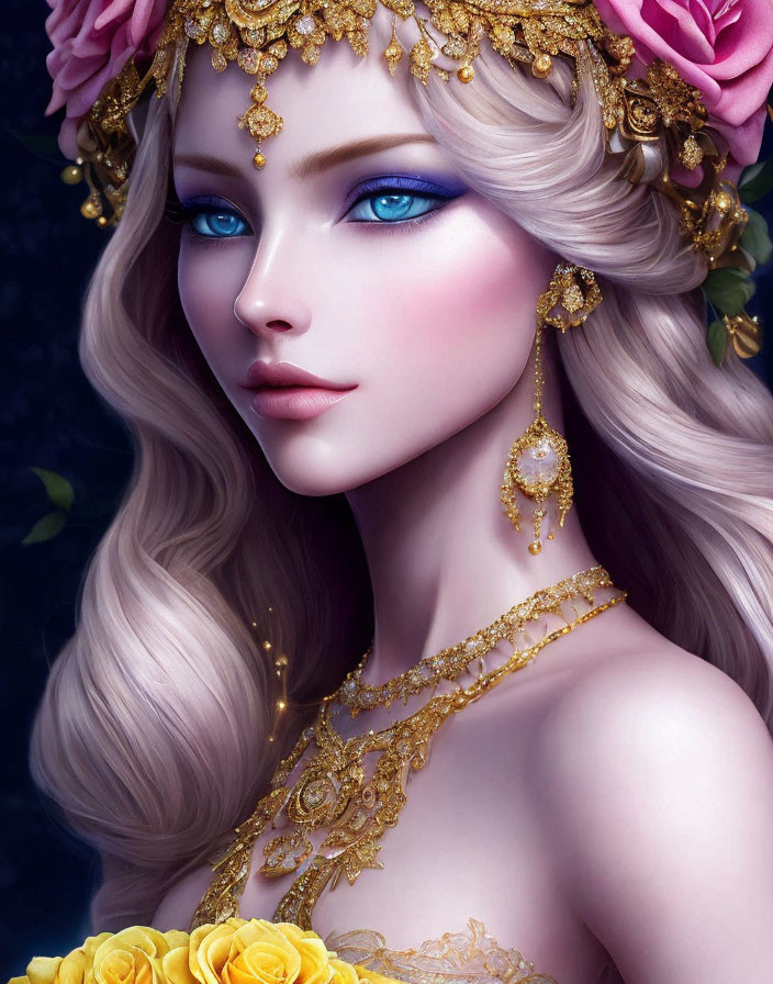 Digital art portrait of woman with blue eyes and golden jewelry on dark background