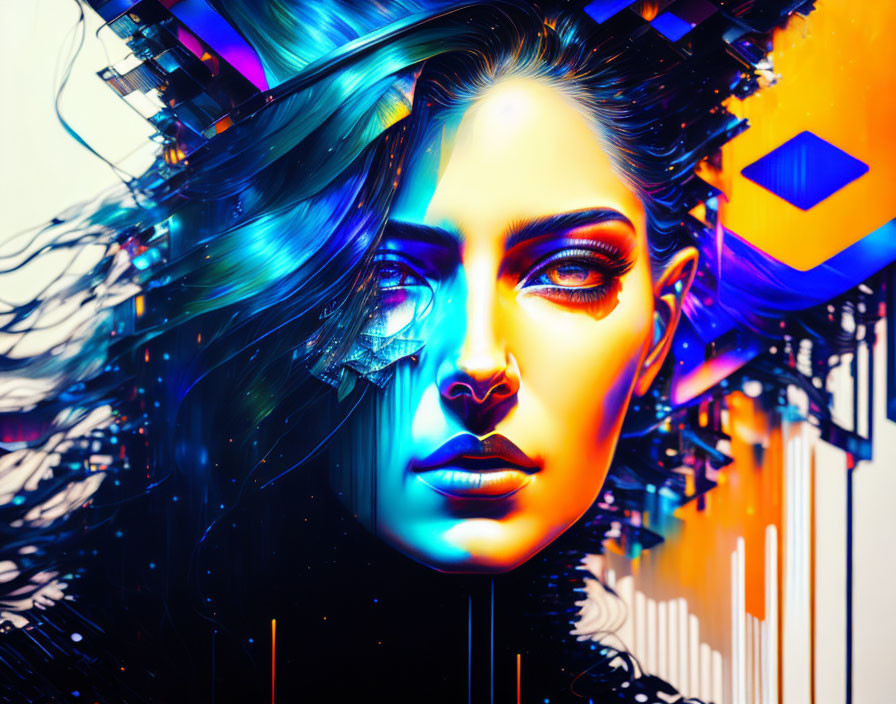 Colorful Abstract Digital Art: Woman's Face with Geometric Shapes