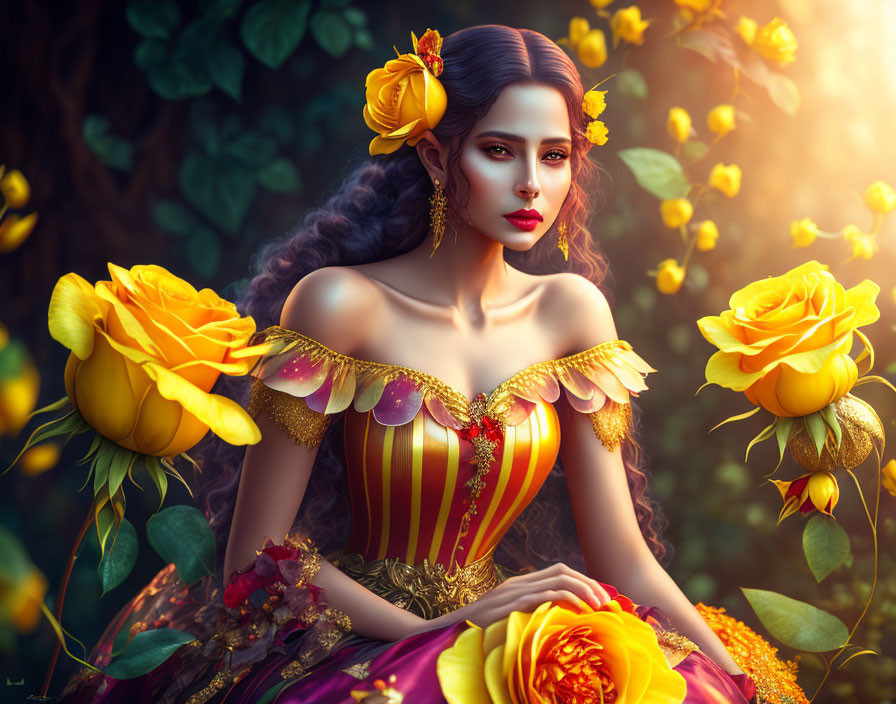 Fantasy portrait of woman in yellow and red attire with yellow roses in magical forest