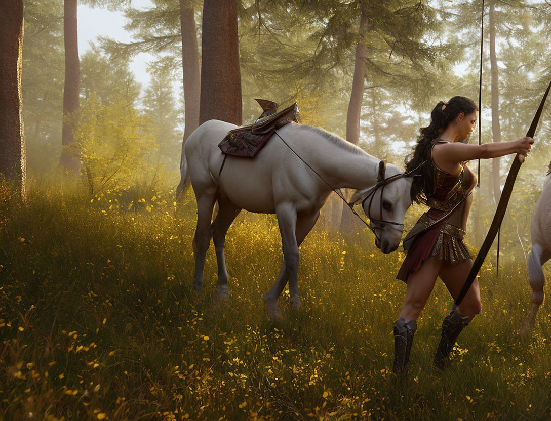 Female warrior with bow and white horse in sunlit forest