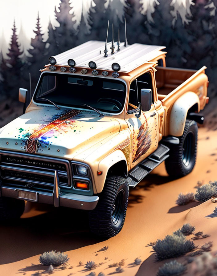 Beige retro pickup truck with colorful paint splash on hood parked on sandy terrain with coniferous trees