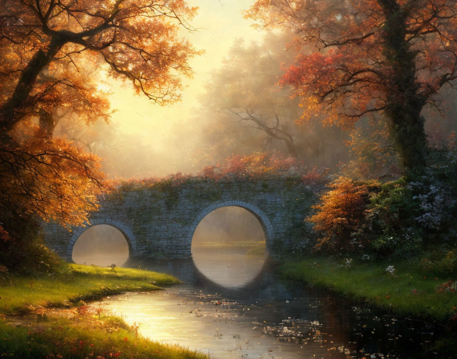 Old Stone Bridge Over Tranquil River with Autumn Trees