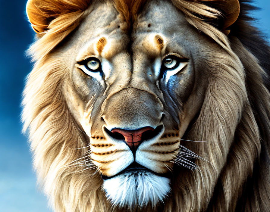 Majestic lion with vivid mane and intense blue eyes on blue background