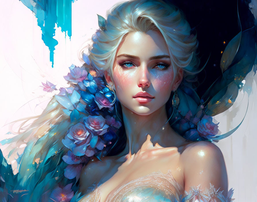 Fantasy illustration of woman with pale blue flowers, blonde hair, ethereal eyes, and frost patterns