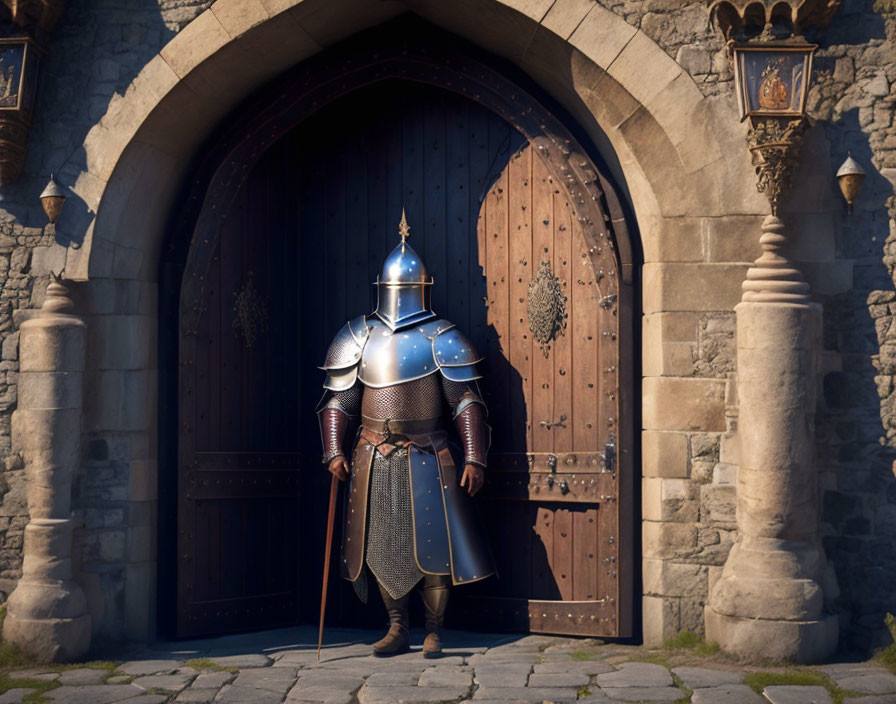 Medieval knight in shining armor at wooden castle gate