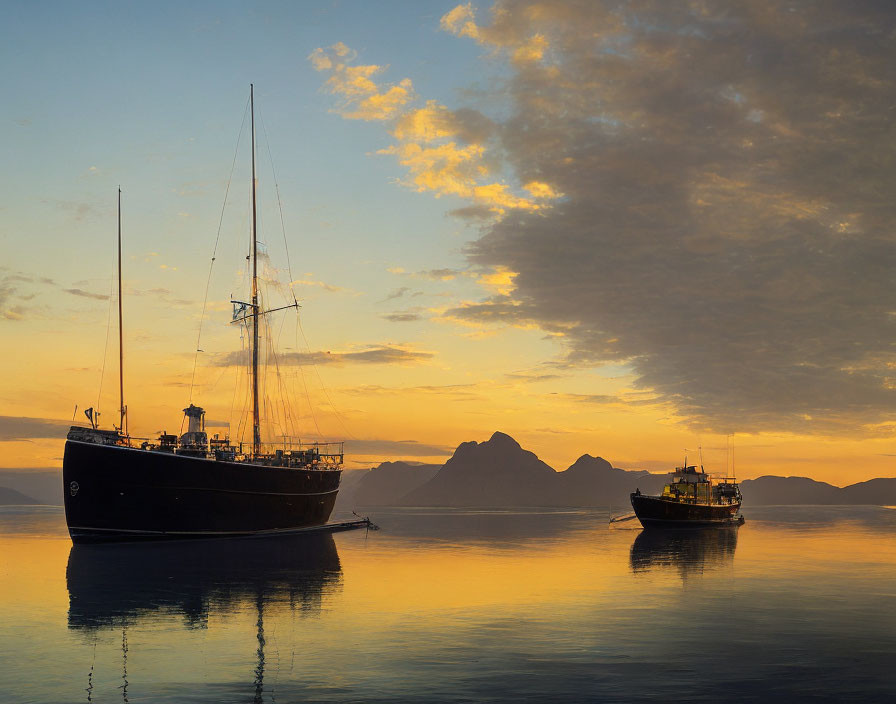 Boats on calm waters at sunset with mountains and vibrant sky