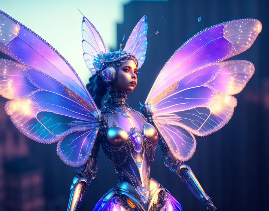 Robotic fairy with intricate wings and armor in cityscape dusk.