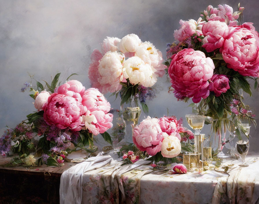 Lush pink and white peonies in a still life painting with wildflowers and crystal glasses