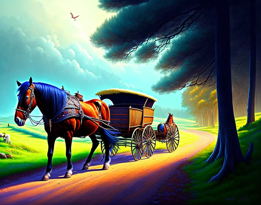 Illustration: Horse-drawn carriage on countryside road with lush trees and bird in blue sky