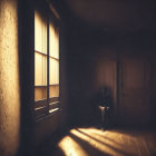 Solitary figure by window in warm sunlight glow