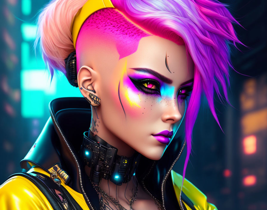 Cyberpunk-style digital artwork of a woman with vibrant pink hair and futuristic attire