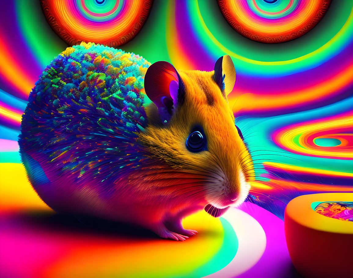 Vibrant hamster digital art with rainbow fur on swirling backdrop