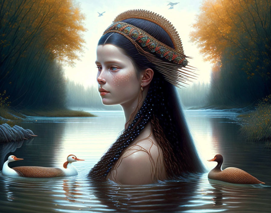 Illustration of woman with braided hair submerged in water with ducks and misty forest.