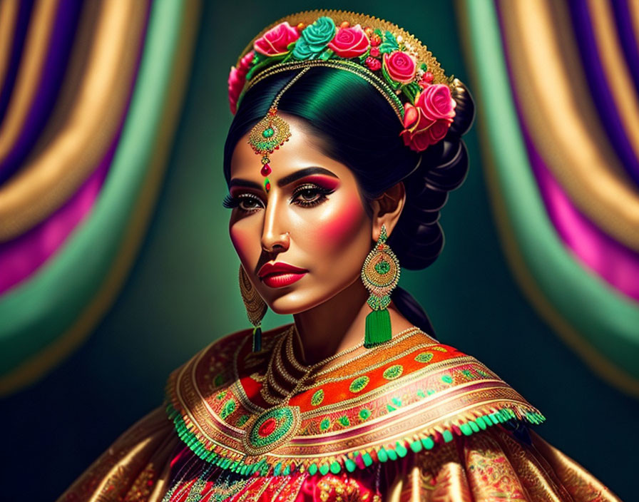 Digital artwork featuring woman in traditional jewelry and floral headpiece.