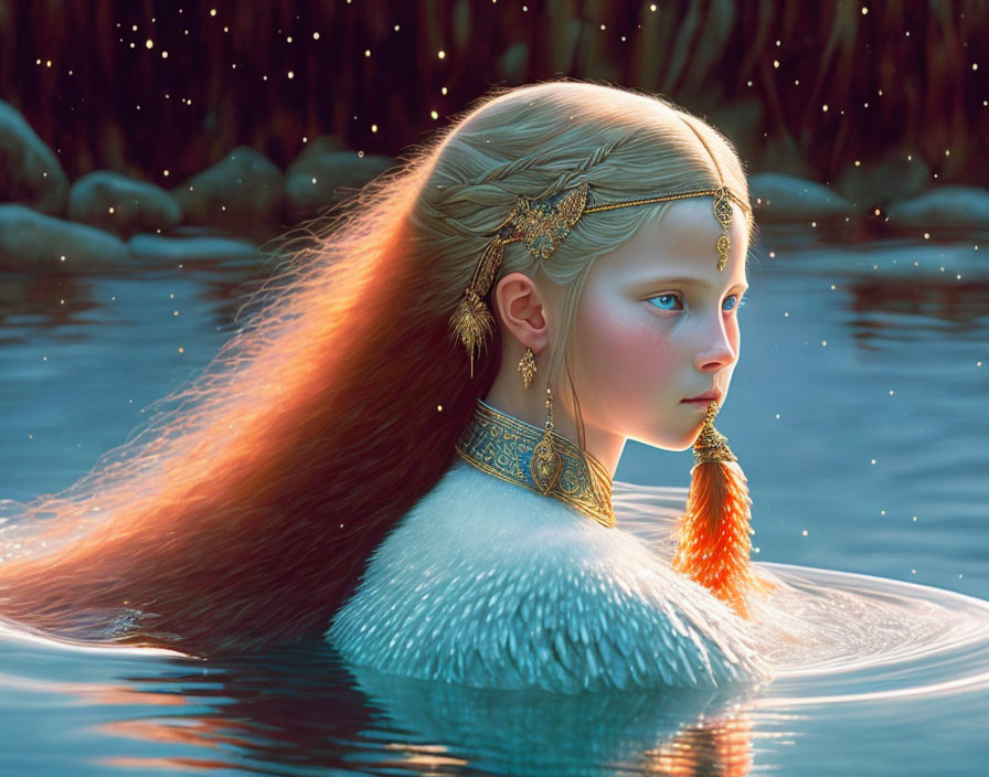 Fantasy illustration of young female with gold jewelry and braided hair in twilight water with glowing fireflies