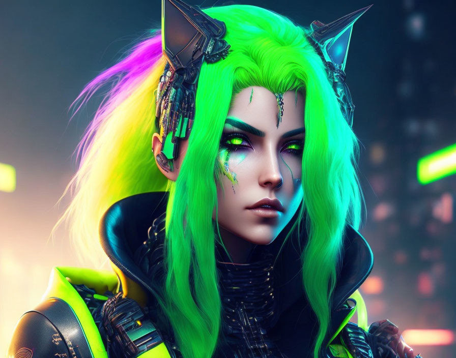 Colorful digital artwork: Female with neon green hair, cybernetic ears, fantasy makeup, futuristic