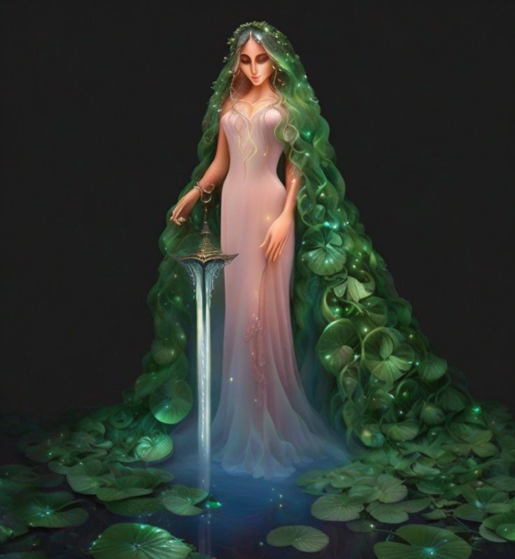 Illustrated female character with long green hair holding glowing sword among green lotus leaves