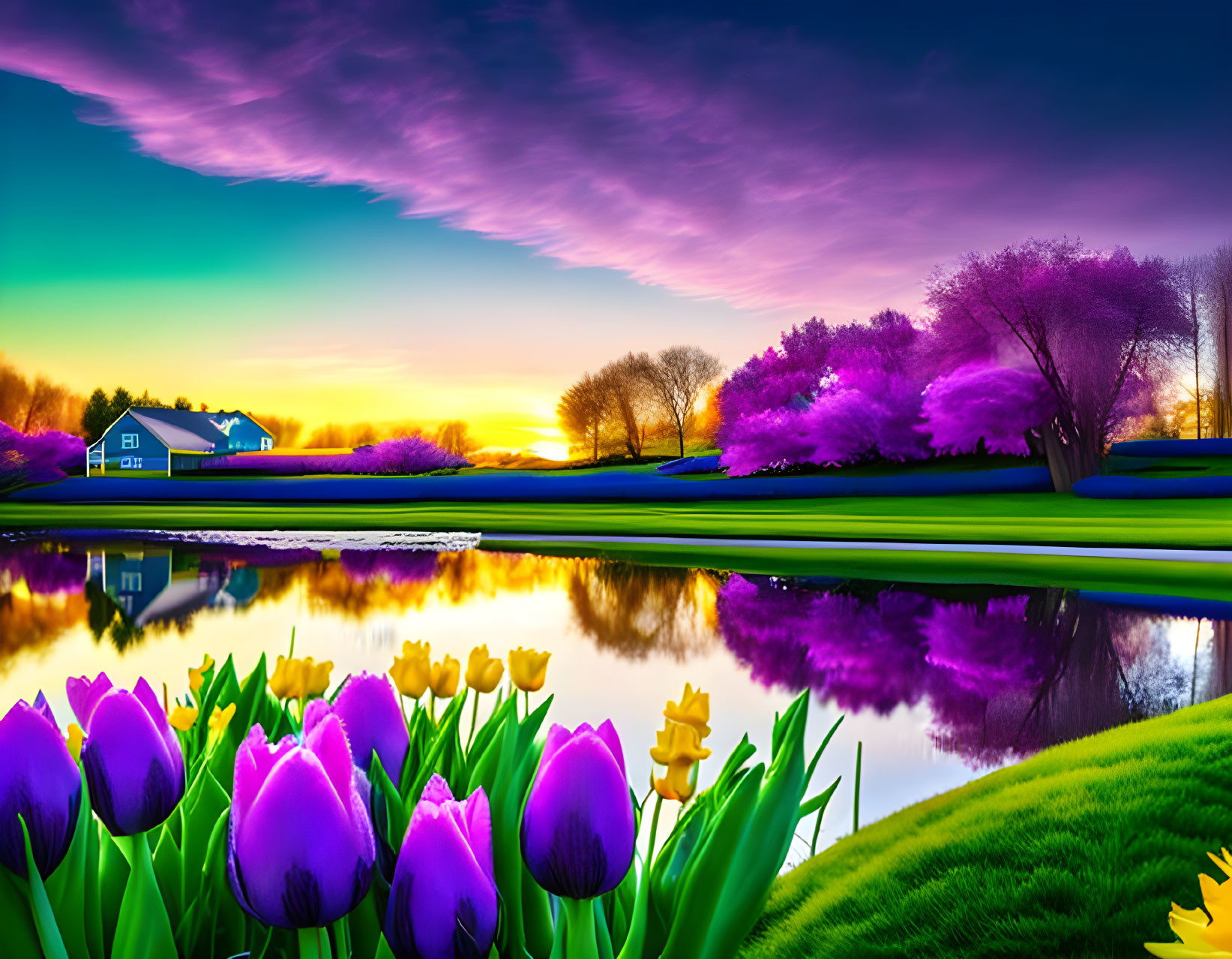 Colorful landscape with purple tulips, reflective water, small house, and sunset sky