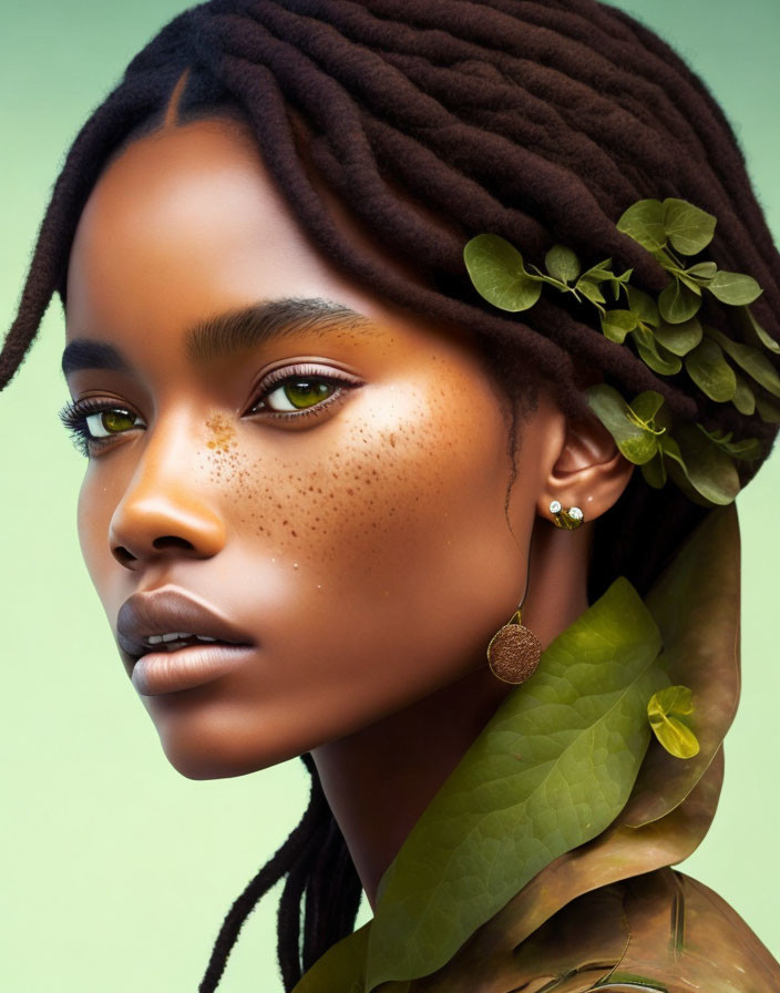 Portrait of Woman with Freckles and Floral Hair Adornments