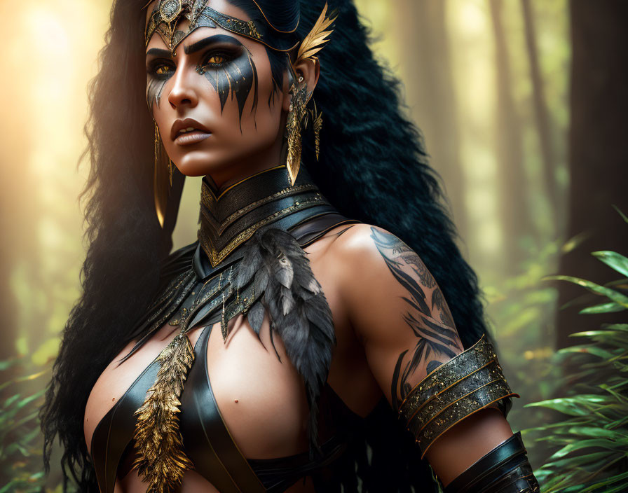 Warrior woman with feathered headdress and tattoos in misty forest