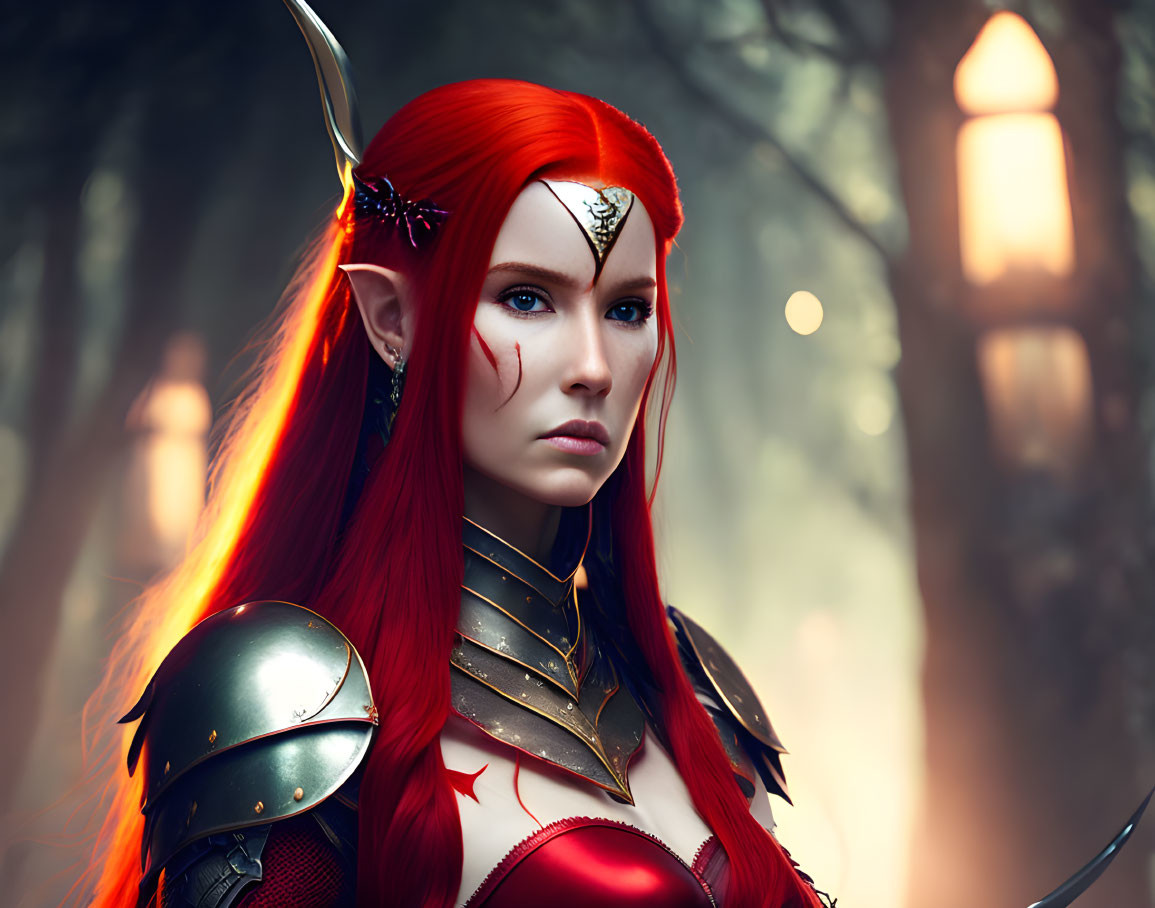 Female Elven Warrior with Red Hair in Intricate Armor in Misty Forest