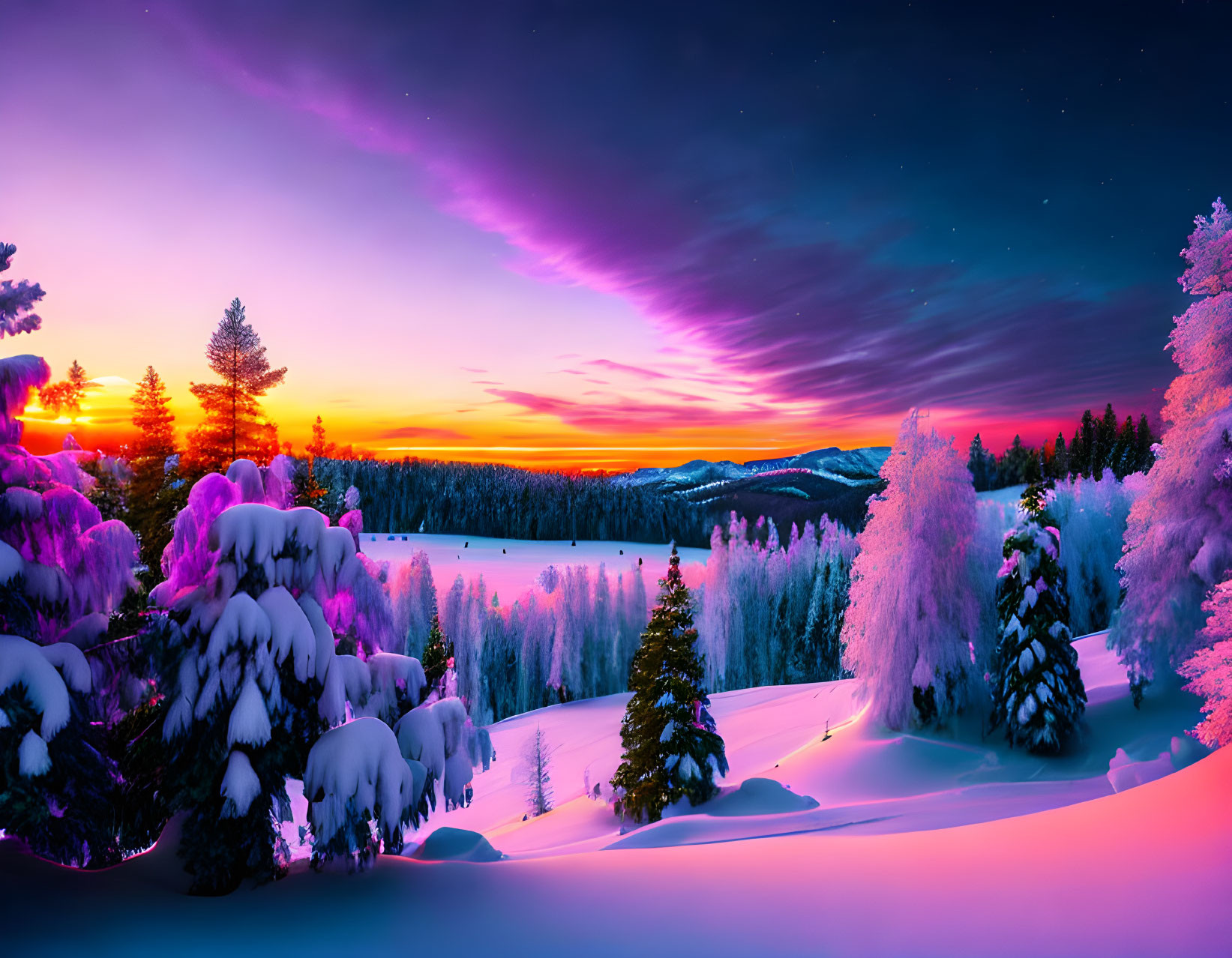 Scenic snowy landscape with colorful sunrise and pine trees by icy lake