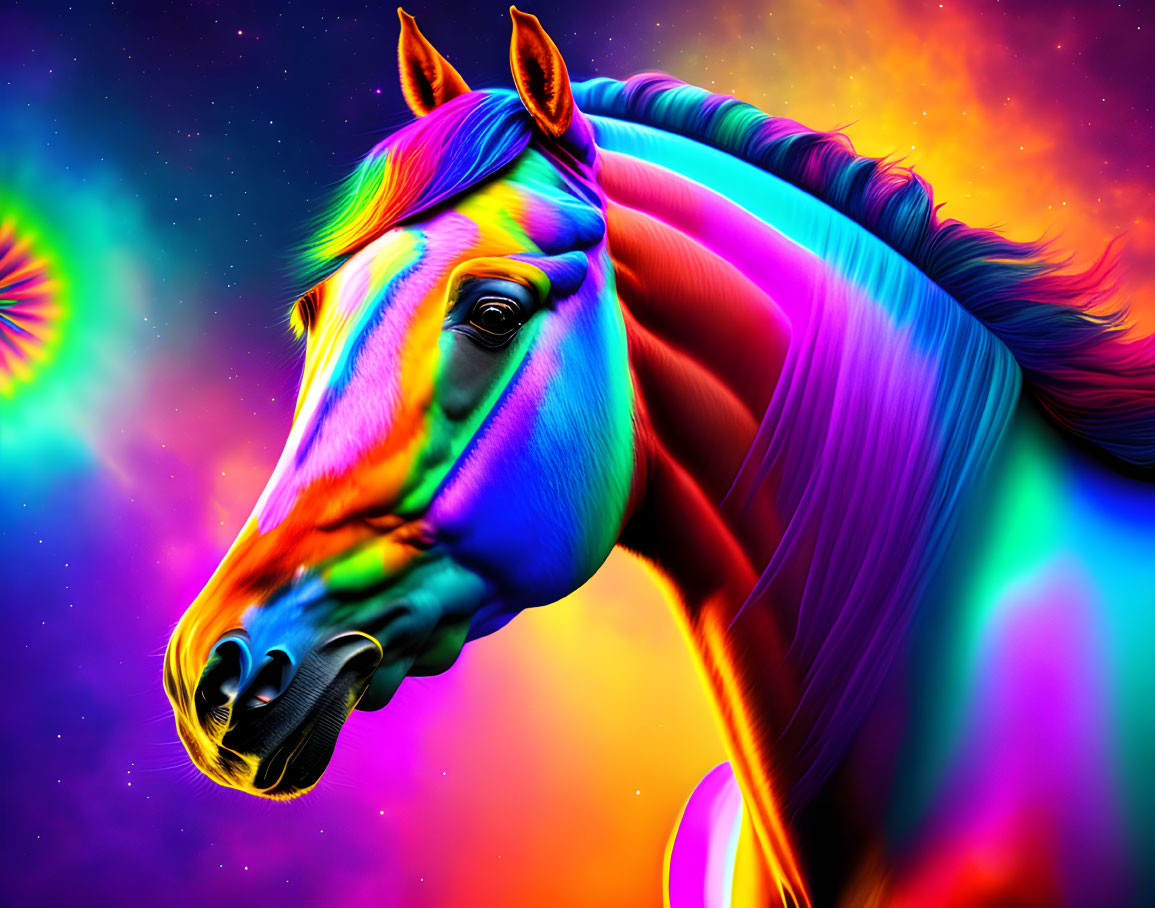 Colorful Horse Artwork with Rainbow Coat on Cosmic Background