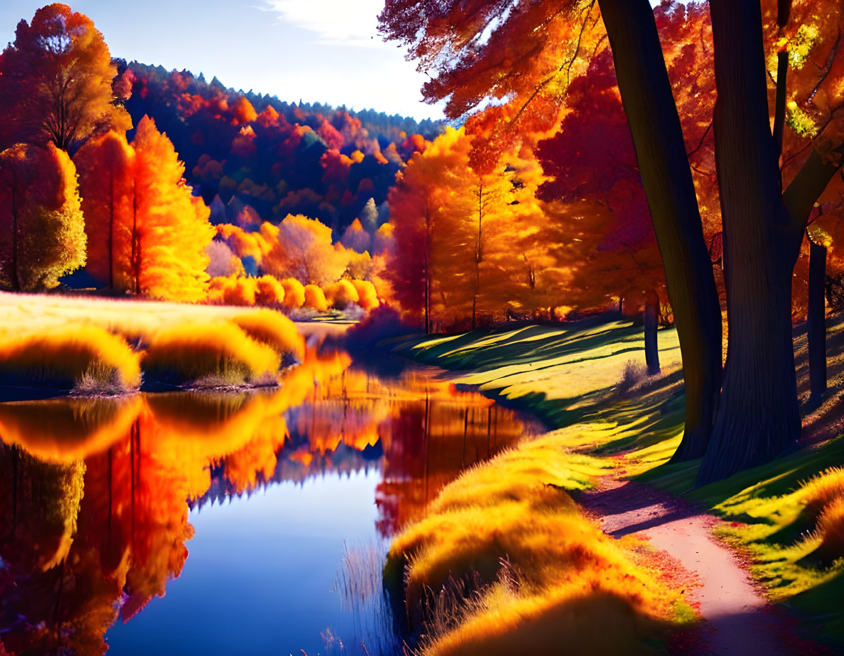 Fiery red and orange autumn foliage reflected in tranquil river