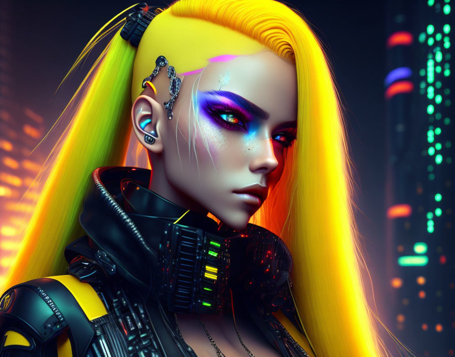 Futuristic woman with yellow hair and cybernetic enhancements in neon-lit cityscape