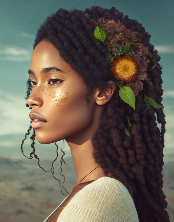 Freckled woman with braided hair in nature setting