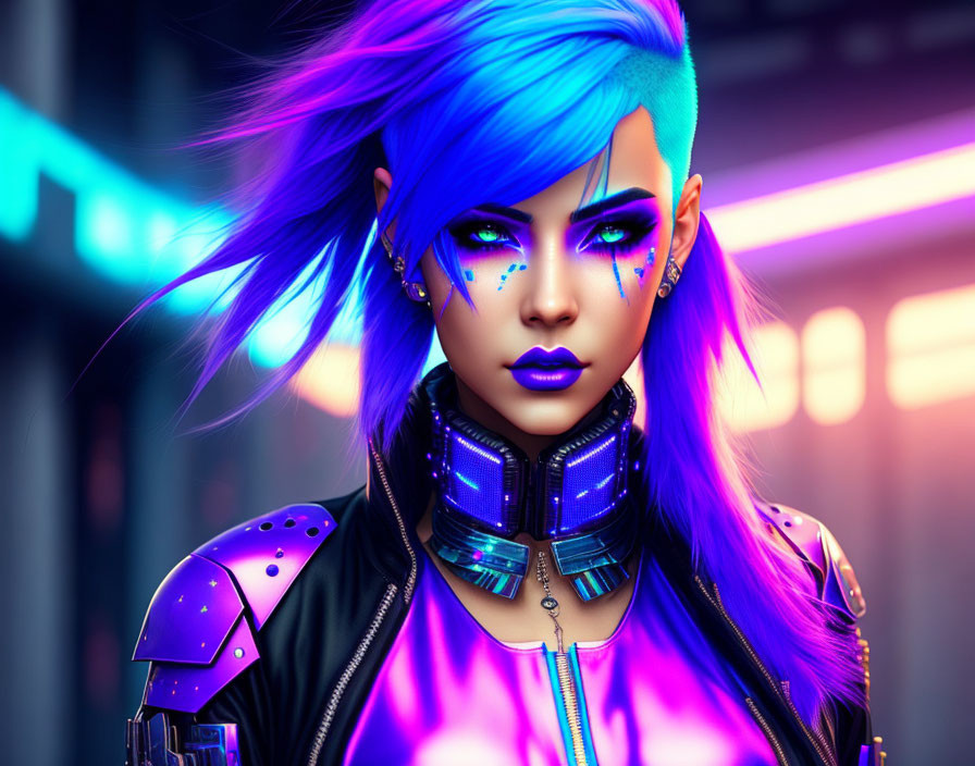 Vibrant blue hair and cyberpunk style in digital artwork